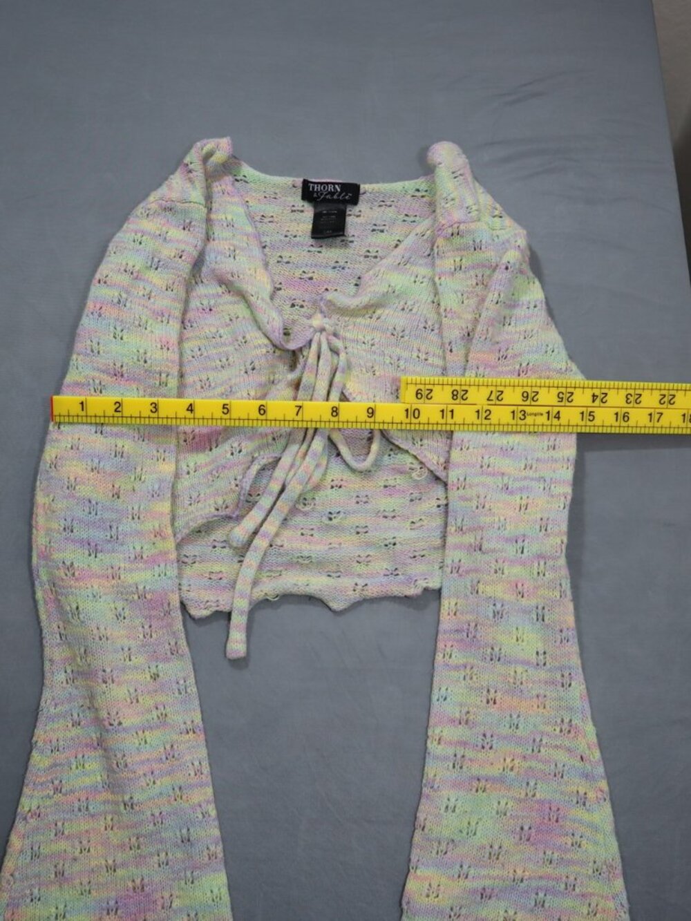 Thorn & Fable Tie Front Cropped Cardigan S/M Pastel Rainbow Bell Sleeve Knit - Picture 5 of 7